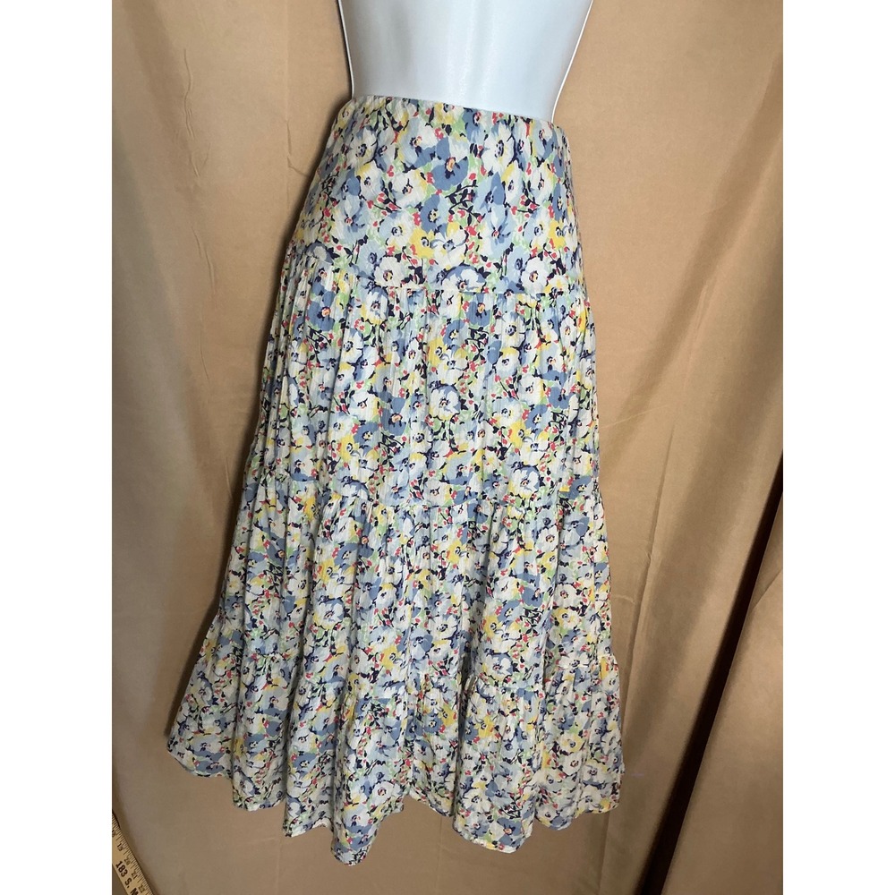 Chaps Denim Tiered Midi Skirt Womens XL Blue Multi Floral Cotton Excellent